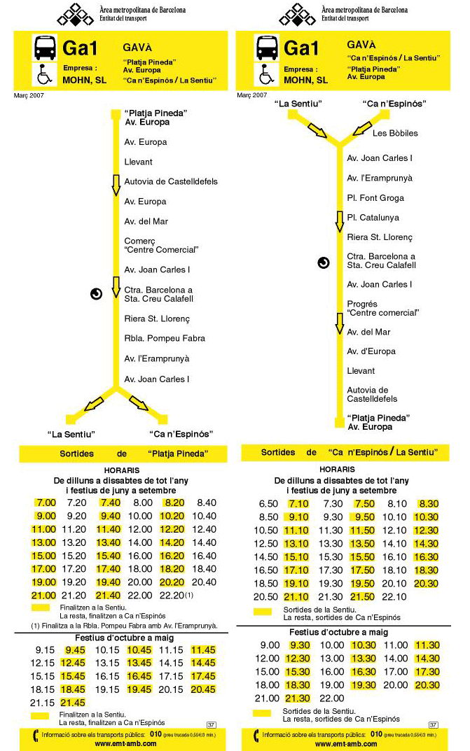 Parades i horaris de la línia d'autobusos Ga1 (Gavabús) entre Gavà i Gavà Mar
